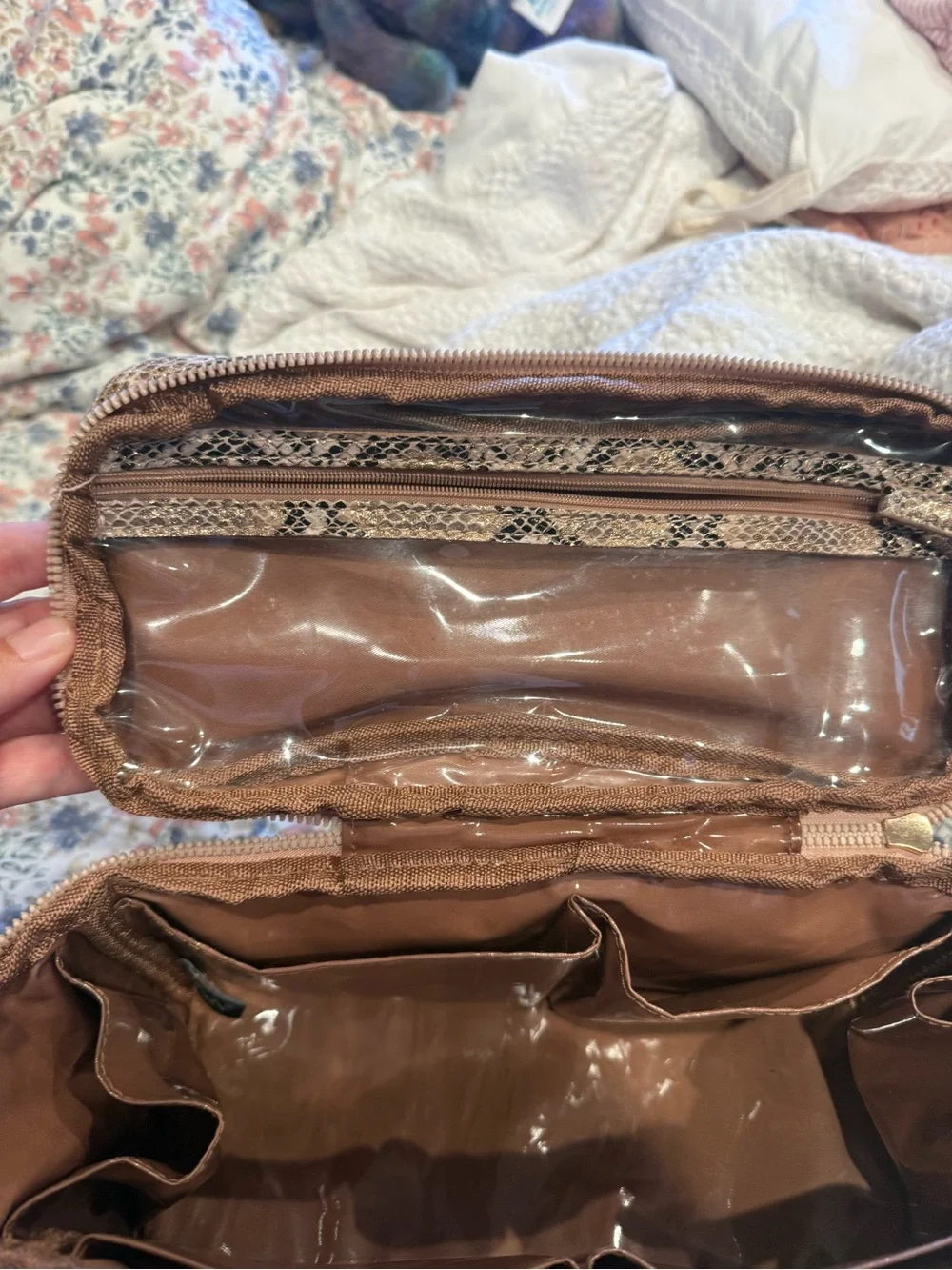 Purse metallic Python-Print Travel Case Vanity Bag - Taupe